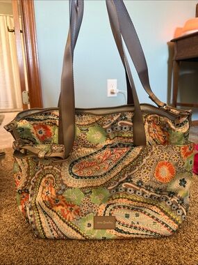 Vera Bradley Gray Paisley Floral Tote with Green and Orange Accents